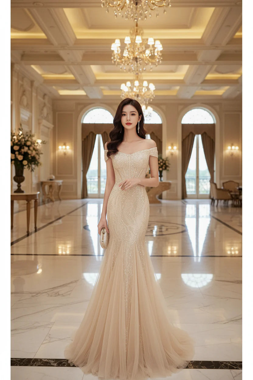 Mermaid Sequin Prom Dress Off Shoulder Corset Bodice Champagne Floor Length Glamour Gown For Women
