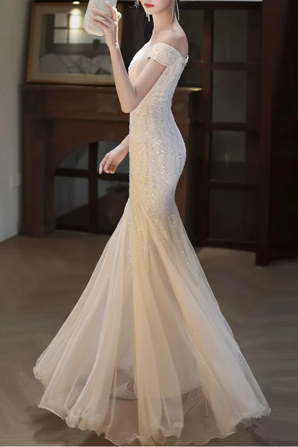 Mermaid Sequin Prom Dress Off Shoulder Corset Bodice Champagne Floor Length Glamour Gown For Women