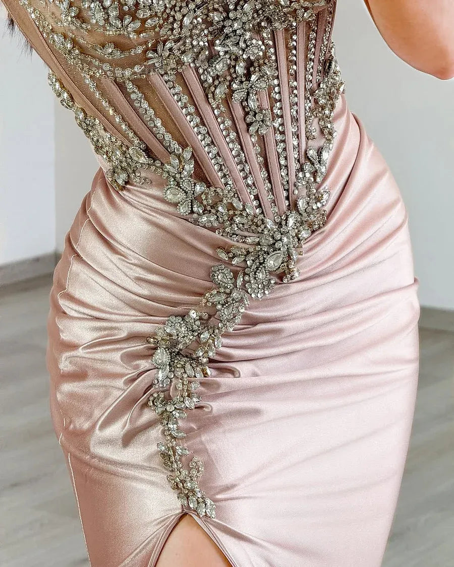 Mermaid Spaghetti Strap Prom Dress Beaded Corset Bodice Rose Gold Satin Train For Prom Queens