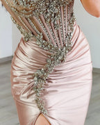 Mermaid Spaghetti Strap Prom Dress Beaded Corset Bodice Rose Gold Satin Train For Prom Queens