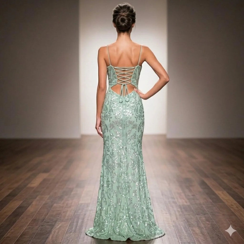 Mermaid Spaghetti Strap Sequin Prom Dress Sage Green With Lace Up Back And High Slit For Prom Night