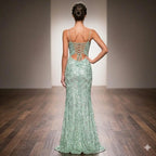 Mermaid Spaghetti Strap Sequin Prom Dress Sage Green With Lace Up Back And High Slit For Prom Night