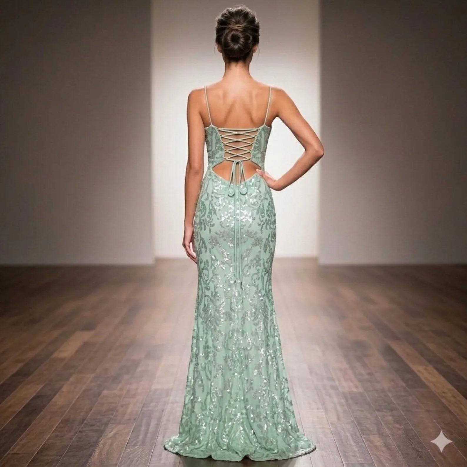 Mermaid Spaghetti Strap Sequin Prom Dress Sage Green With Lace Up Back And High Slit For Prom Night
