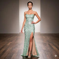Mermaid Spaghetti Strap Sequin Prom Dress Sage Green With Lace Up Back And High Slit For Prom Night
