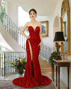 Stunning Mermaid Sweetheart Sequin Red Maxi Evening Dress for Women Custom