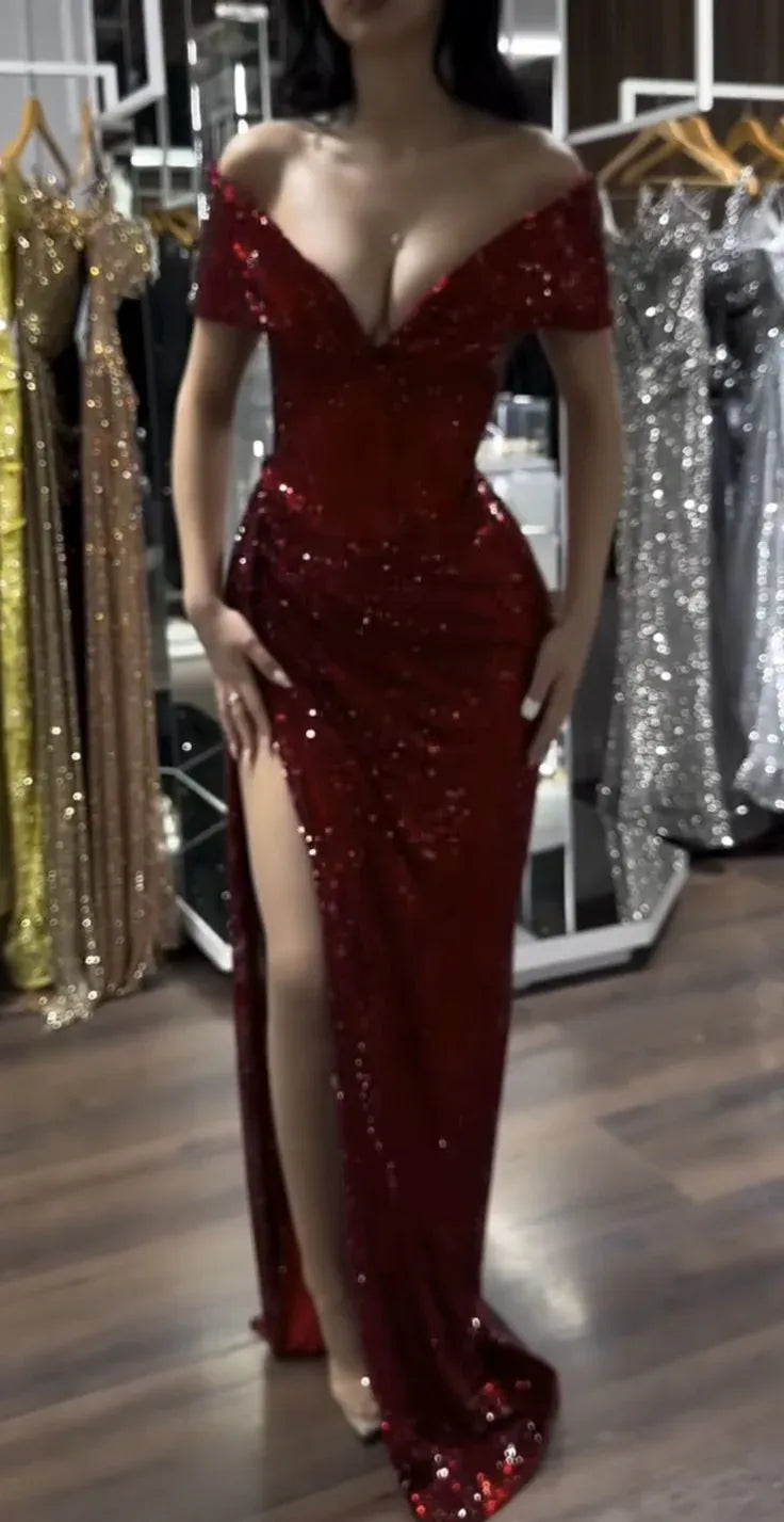 Off The Shoulder Sleeveless A-Line Slit Sequins Floor Length Party Dress