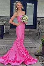 Strapless Sleeveless Mermaid Appliques Long Prom Dress