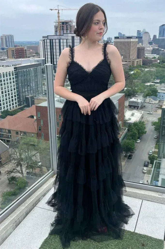 V-Neck Sleeveless Empire A-Line Tiered Long Prom Dress