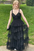 V-Neck Sleeveless Empire A-Line Tiered Long Prom Dress