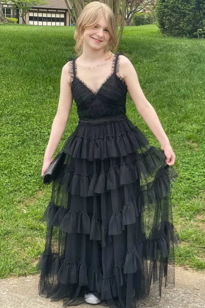 V-Neck Sleeveless Empire A-Line Tiered Long Prom Dress