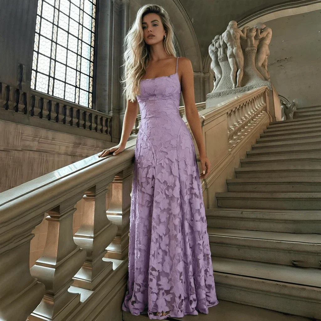 Lavender A-Line Spaghetti Strap Floral Applique Backless Floor-Length Prom Dress