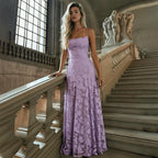 Lavender A-Line Spaghetti Strap Floral Applique Backless Floor-Length Prom Dress
