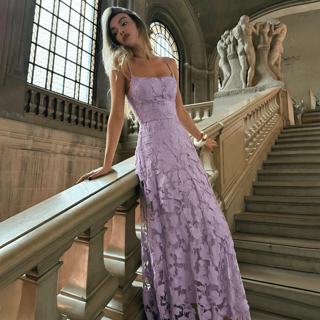 Lavender A-Line Spaghetti Strap Floral Applique Backless Floor-Length Prom Dress