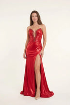 Red Mermaid Plunging V-Neck Beaded Floor-Length Prom Dress With High Slit