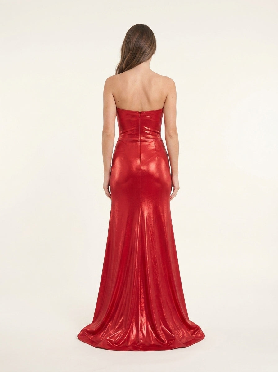 Red Mermaid Plunging V-Neck Beaded Floor-Length Prom Dress With High Slit