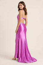 Mermaid V-Neck High Slit Open Back Fuchsia Floor-Length Prom Dress