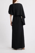 Stylish A Line Crew Neck Asymmetrical Cape Sleeve Zipper Back Floor Length Evening Dress