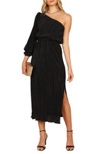 Stylish A Line One Shoulder Long Sleeve Solid Back Midi Evening Dress