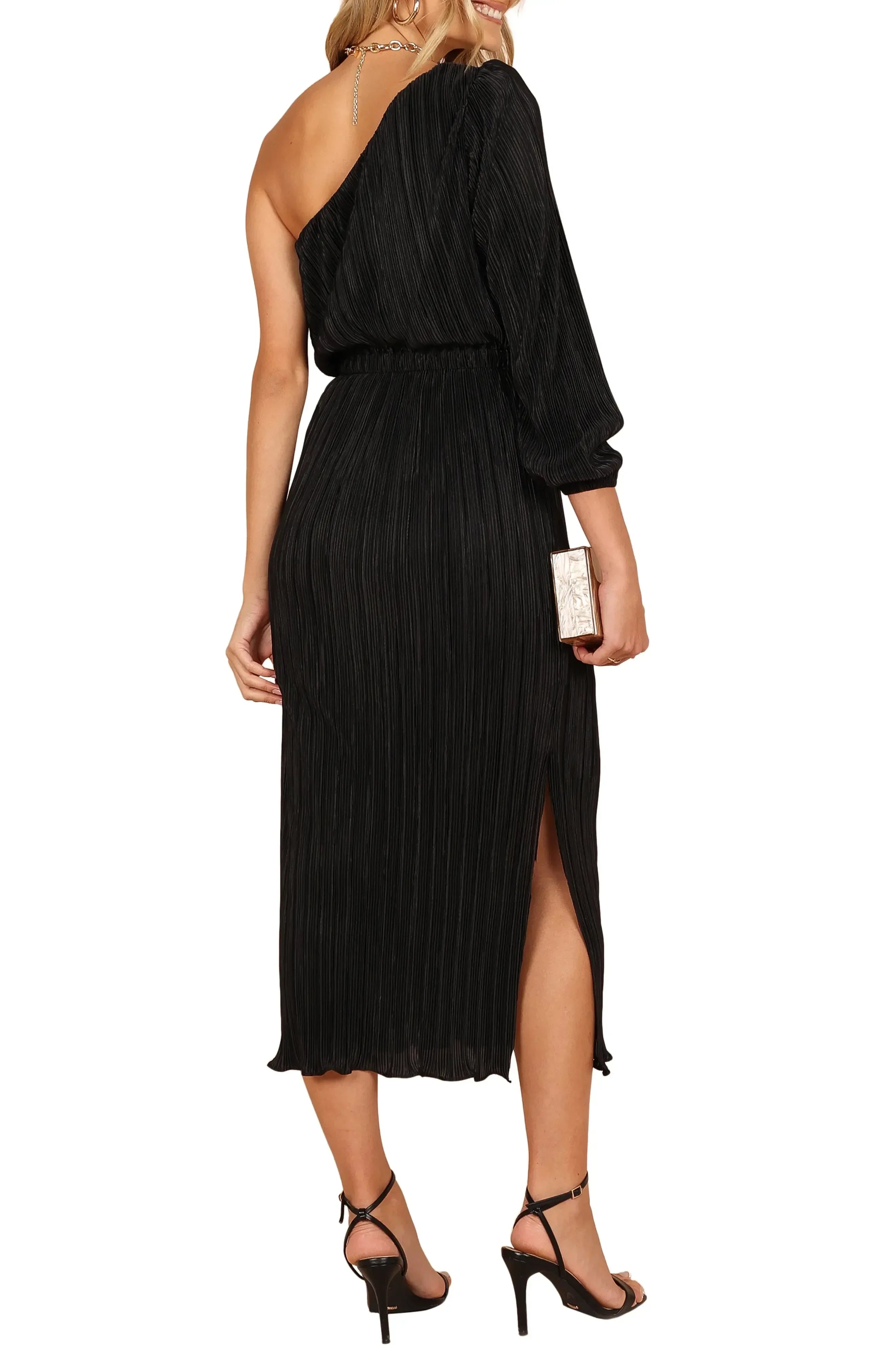 Stylish A Line One Shoulder Long Sleeve Solid Back Midi Evening Dress
