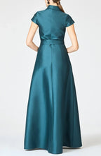 Stylish A Line Shawl Collar Cap Sleeve Zipper Back Floor Length Evening Dress