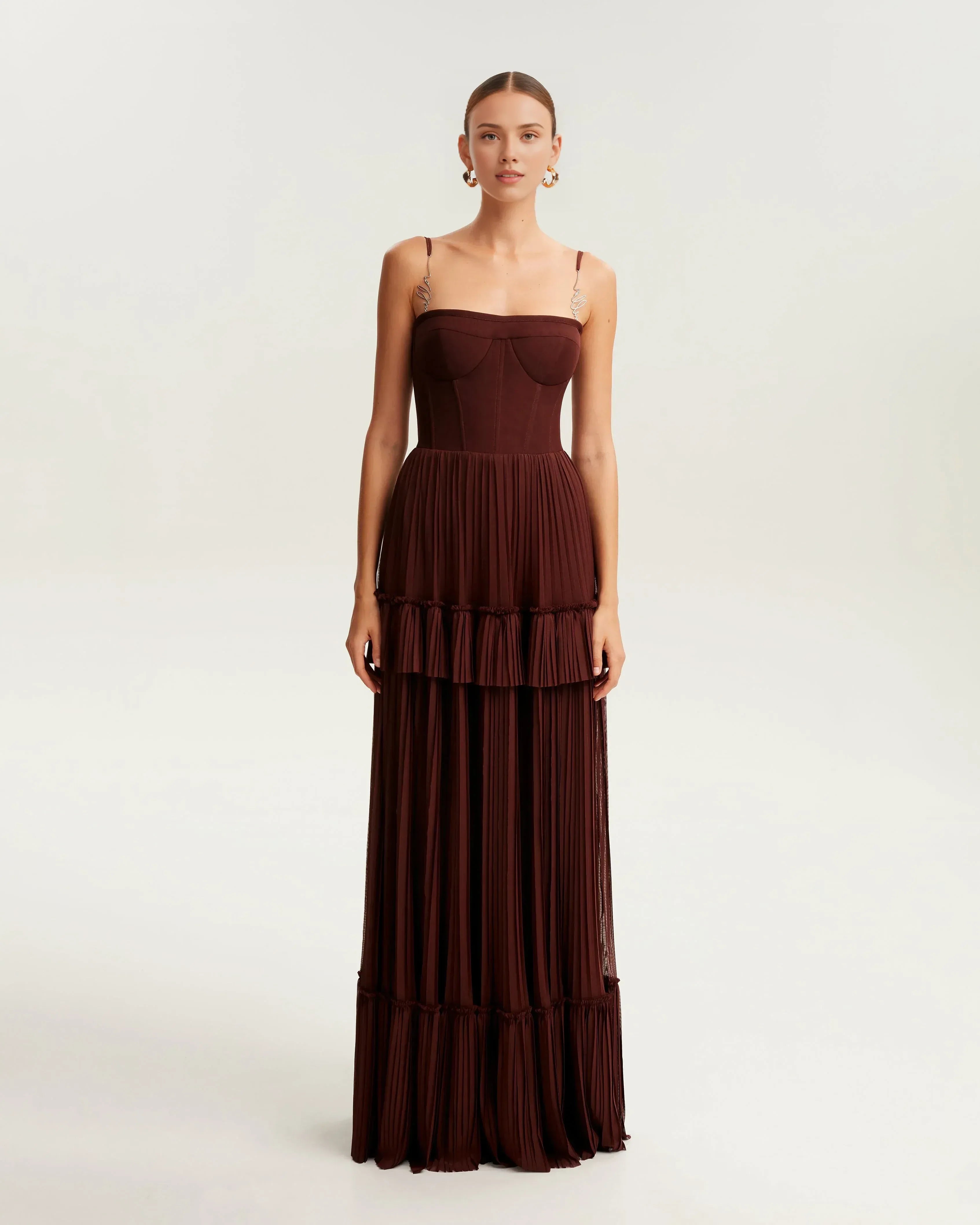 Stylish A Line Strapless Sleeveless Zipper Back Tiered Floor Length Evening Dress