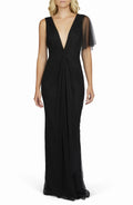 Stylish Mermaid Deep V Neck Asymmetrical Flutter Sleeve Open Back Floor Length Evening Dress