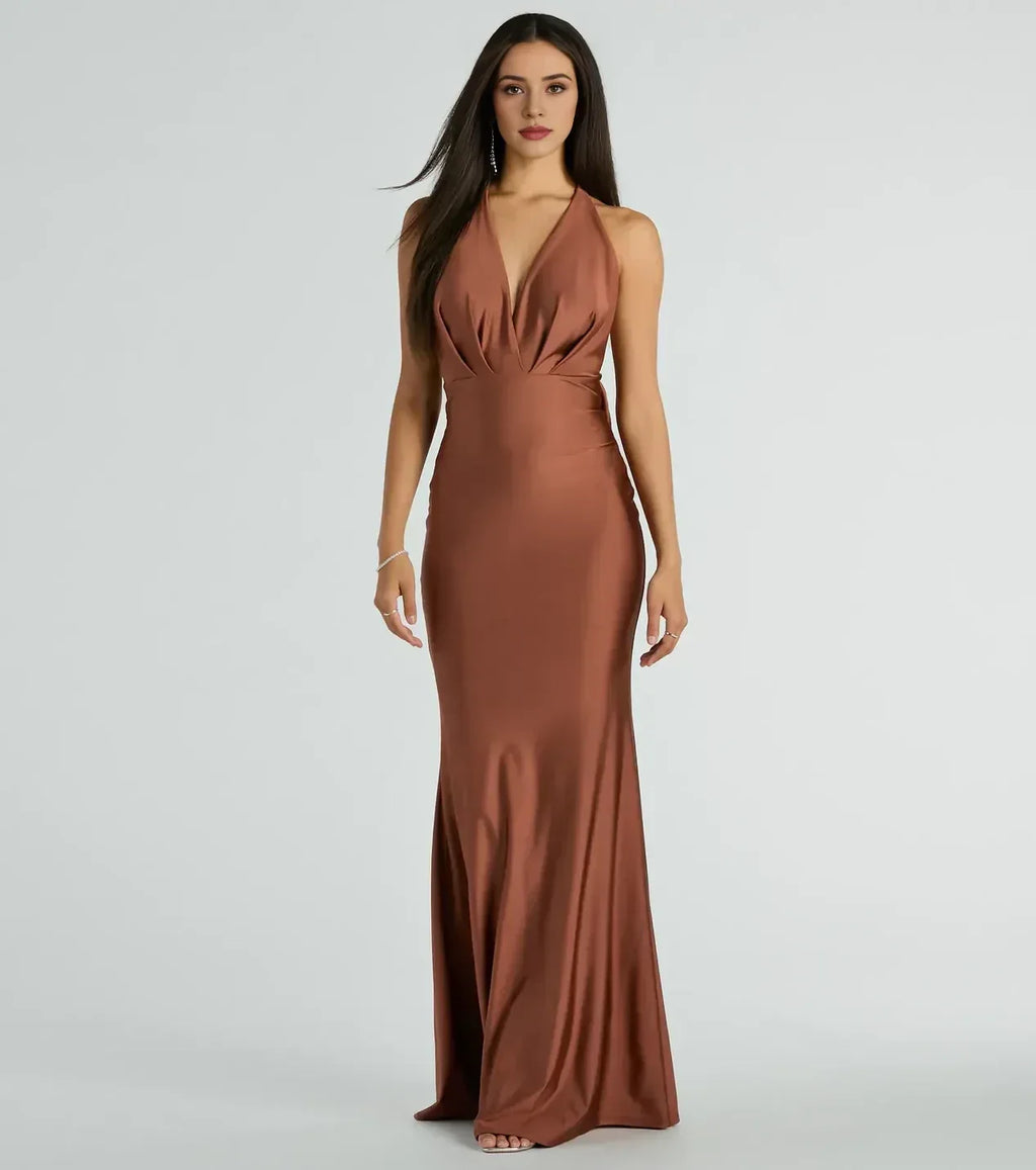 Stylish Mermaid Halter Neck Sleeveless Tie Back Floor Length Prom Dress