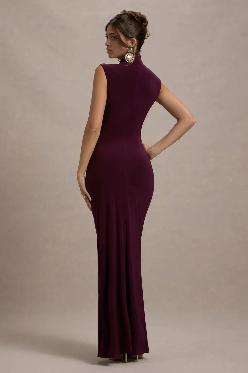 Stylish Mermaid Mock Neck Sleeveless Ruched Side High Slit Floor Length Evening Dress