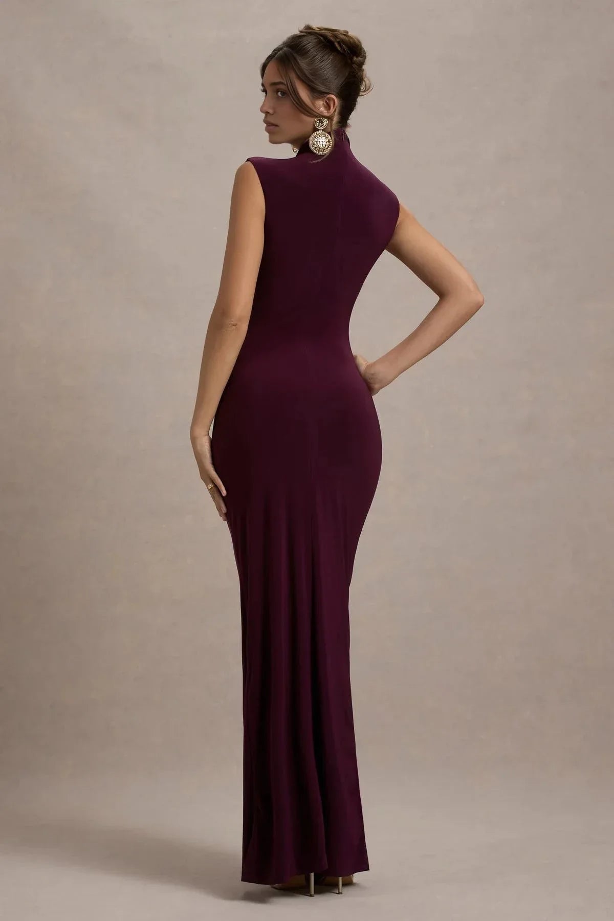 Stylish Mermaid Mock Neck Sleeveless Ruched Side High Slit Floor Length Evening Dress