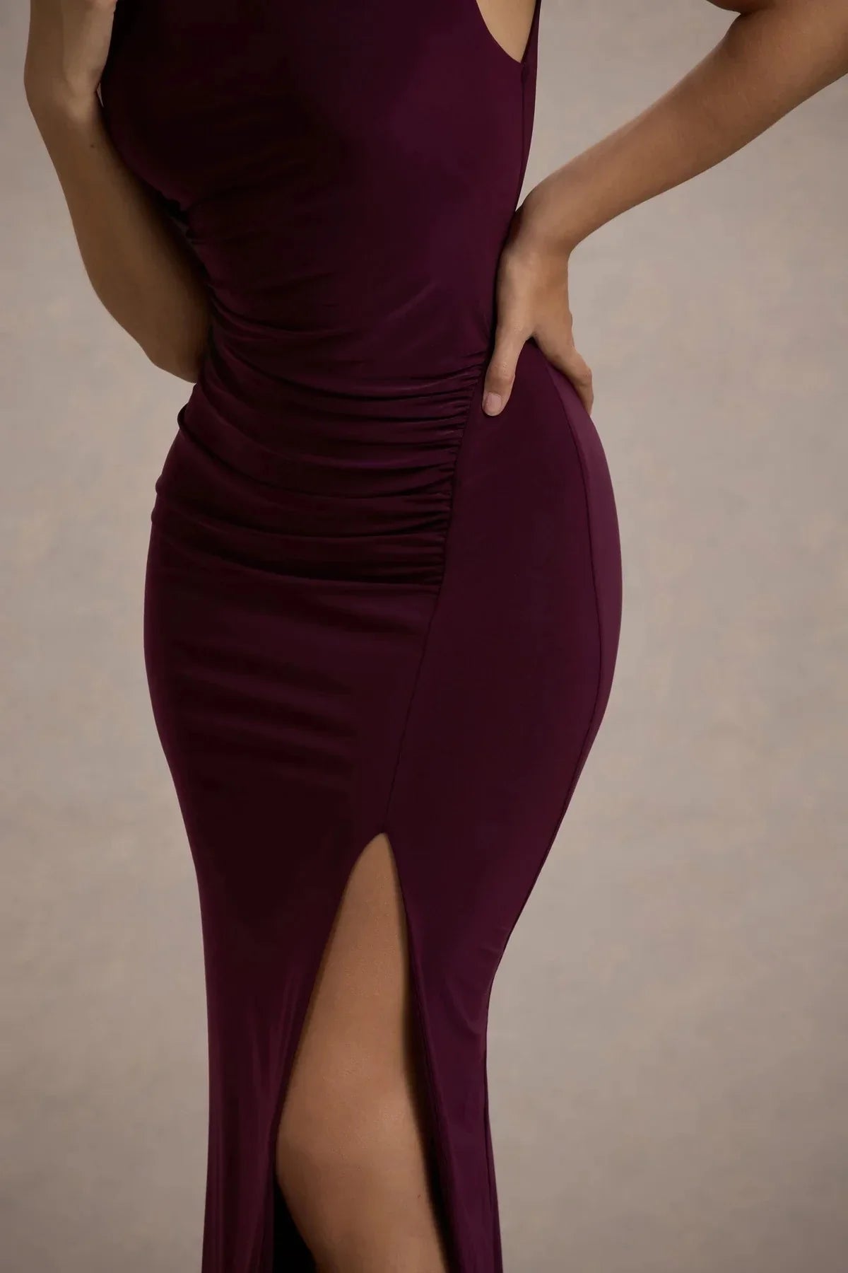 Stylish Mermaid Mock Neck Sleeveless Ruched Side High Slit Floor Length Evening Dress