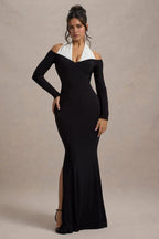 Stylish Mermaid Off Shoulder Long Sleeve Two Tone High Slit Floor Length Evening Dress