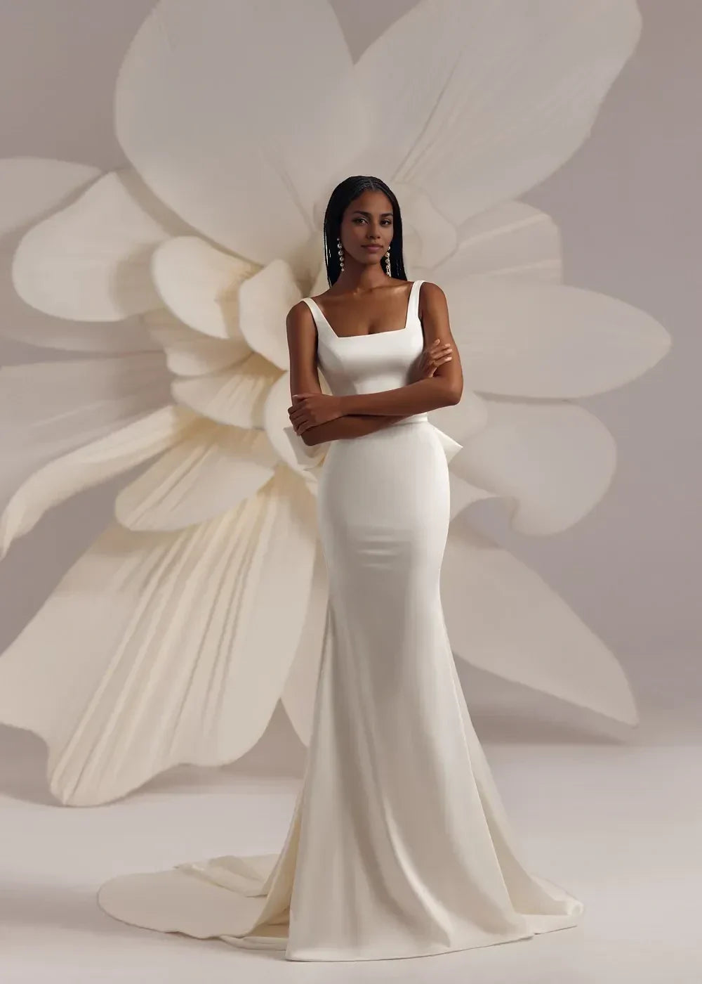 Stylish Mermaid Square Neck Sleeveless Bow Back Long Length Wedding Dress
