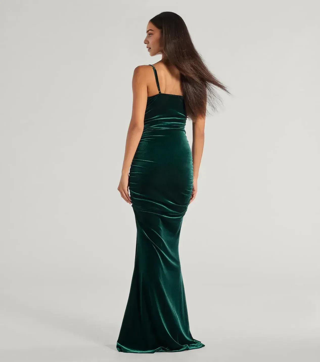 Stylish Mermaid Square Neck Spaghetti Strap Ruched Back Floor Length Prom Dress