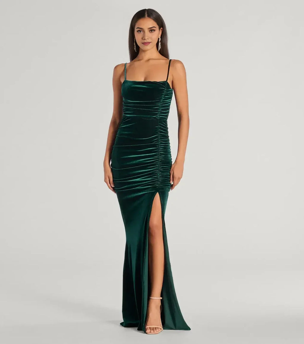 Stylish Mermaid Square Neck Spaghetti Strap Ruched Back Floor Length Prom Dress