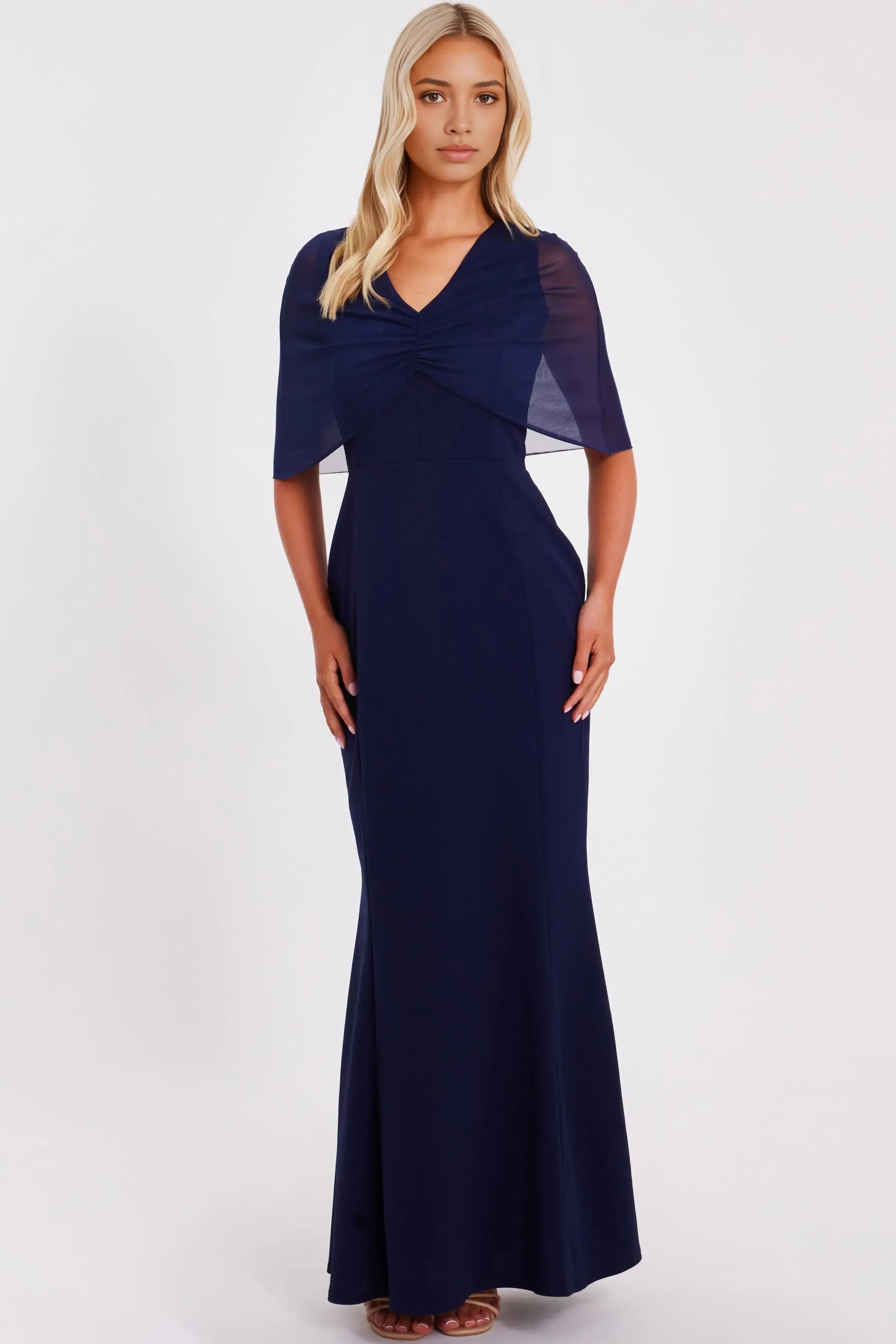 Stylish Mermaid V Neck Cape Sleeve Plain Back Floor Length Evening Dress