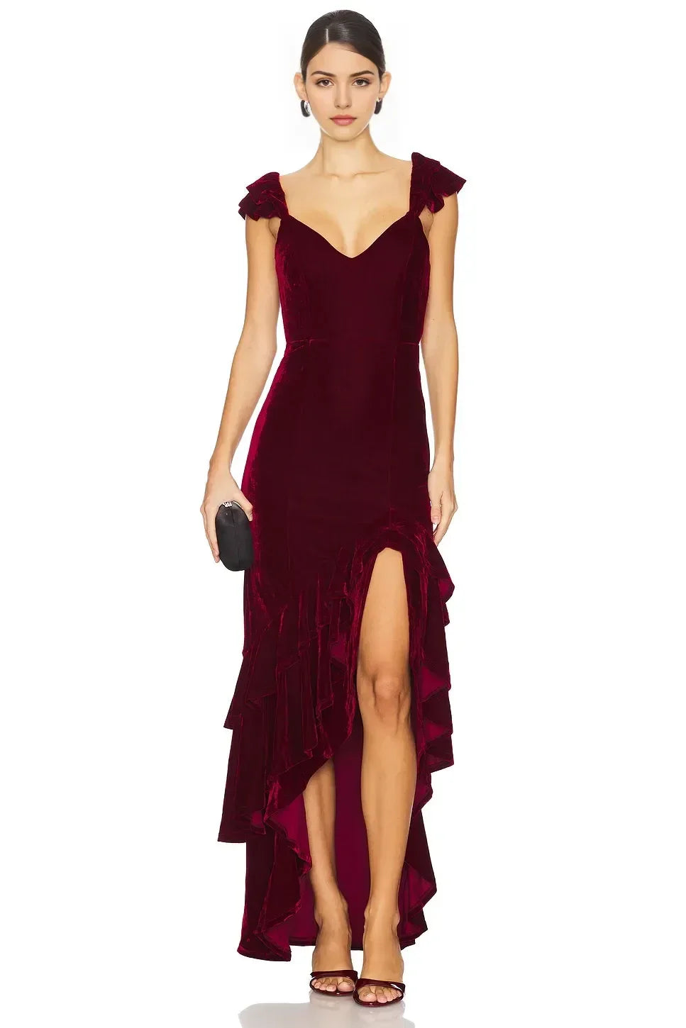 Stylish Mermaid V Neck Ruffle Strap Tiered Ruffle Hem Floor Length Evening Dress