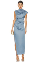 Stylish Sheath Asymmetric Neck Cap Sleeve High Slit Midi Length Evening Dress