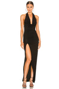 Stylish Sheath Cowl Halter Neck Sleeveless Open Back Slit Front Floor Length Evening Dress