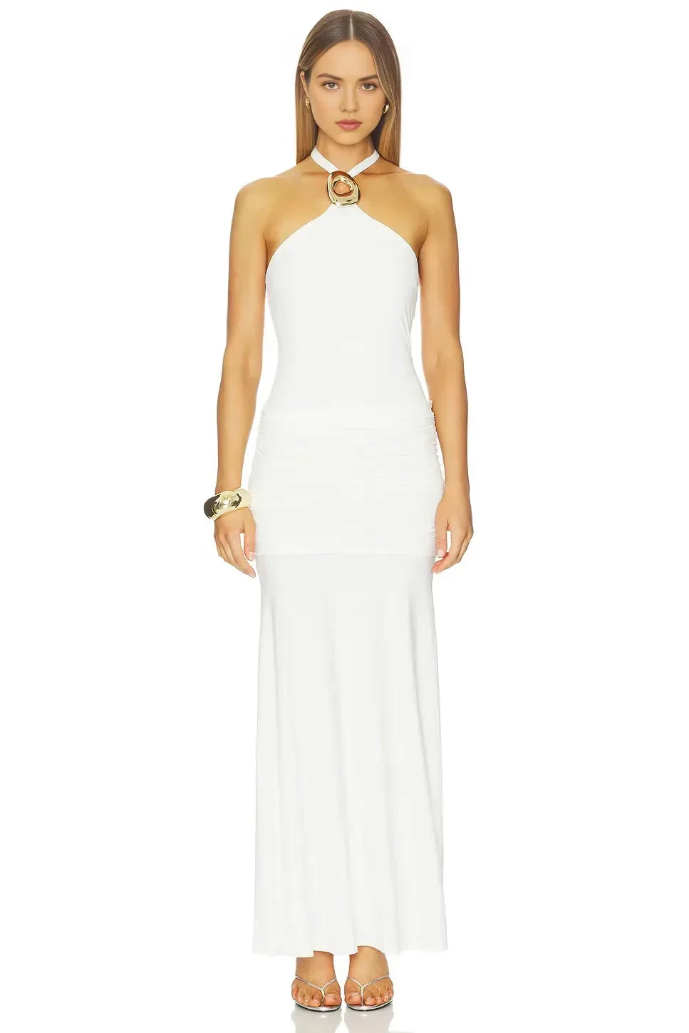 Stylish Sheath Halter Neck Sleeveless Ruched Back Floor Length Evening Dress