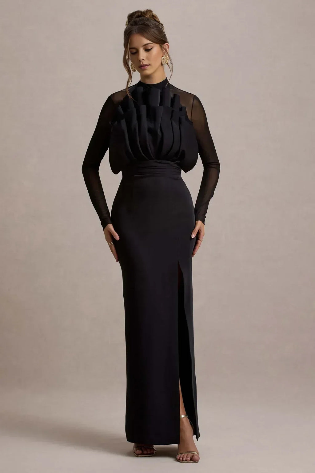 Stylish Sheath High Neck Mesh Sleeve Lace Up Back Floor Length Evening Dress