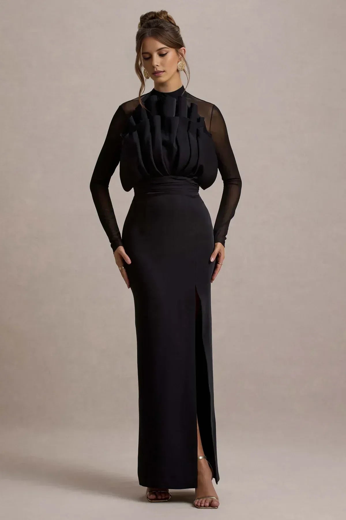 Stylish Sheath High Neck Mesh Sleeve Lace Up Back Floor Length Evening Dress