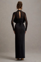 Stylish Sheath High Neck Mesh Sleeve Lace Up Back Floor Length Evening Dress
