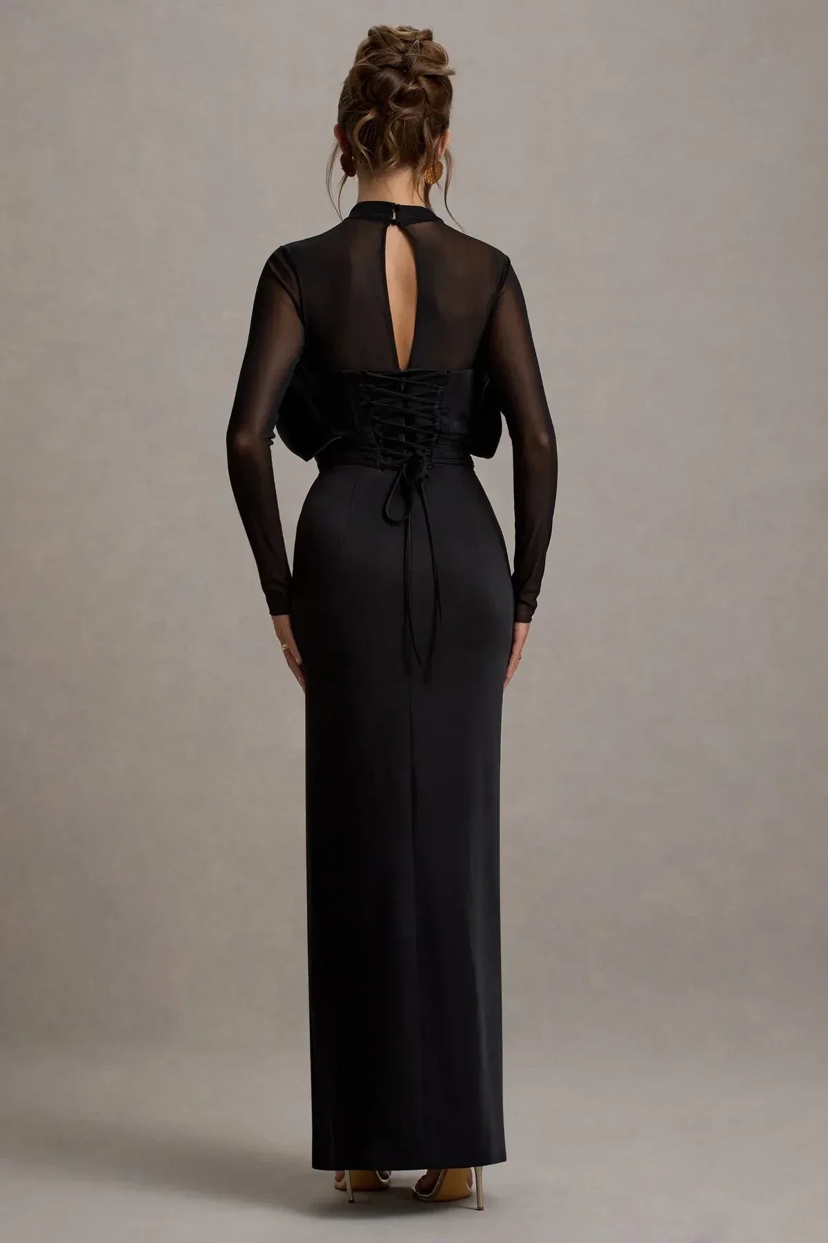 Stylish Sheath High Neck Mesh Sleeve Lace Up Back Floor Length Evening Dress
