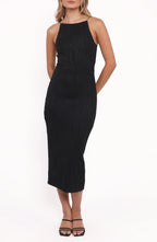 Stylish Sheath High Neck Sleeveless Split Back Midi Length Evening Dress