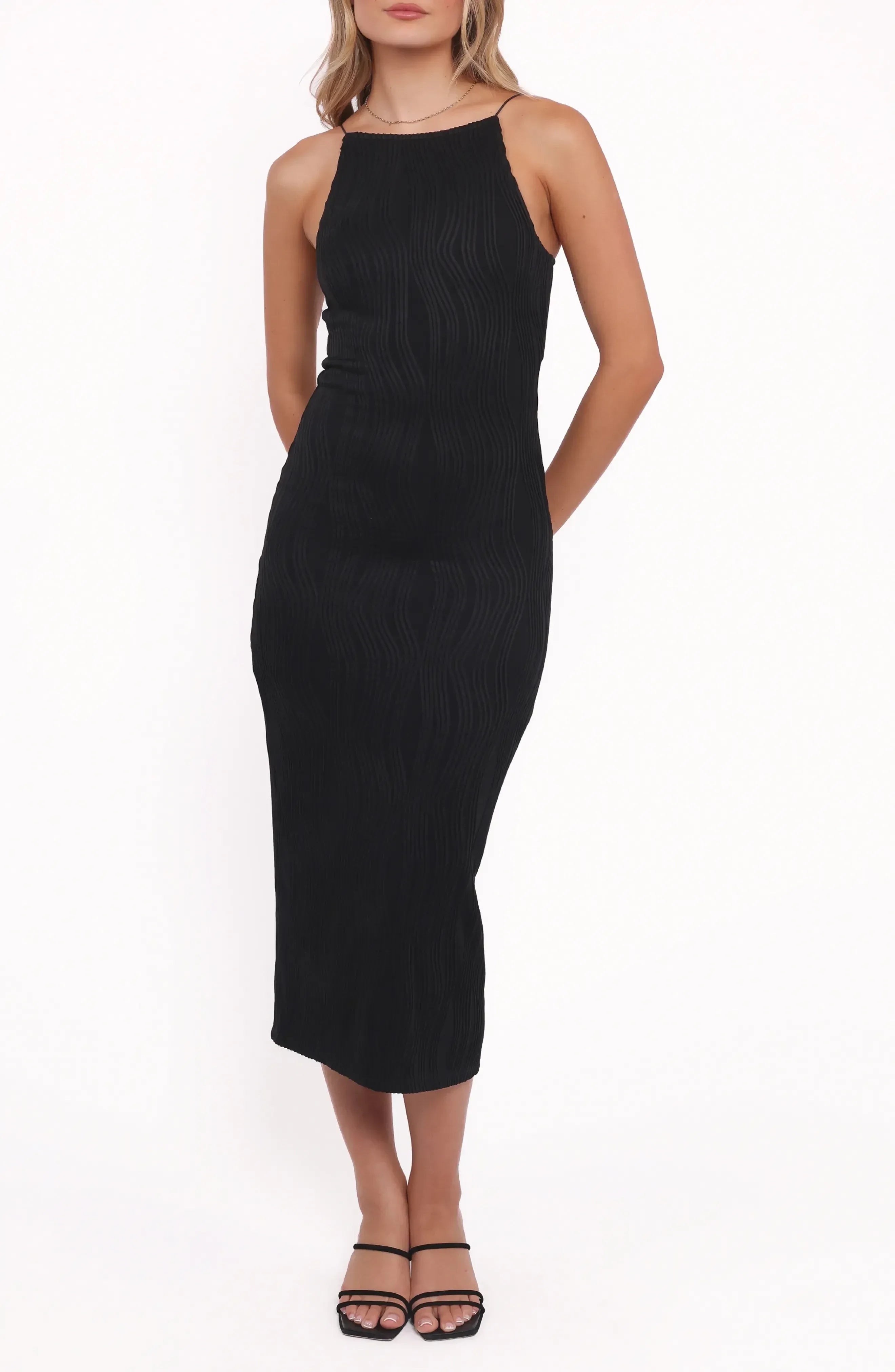 Stylish Sheath High Neck Sleeveless Split Back Midi Length Evening Dress