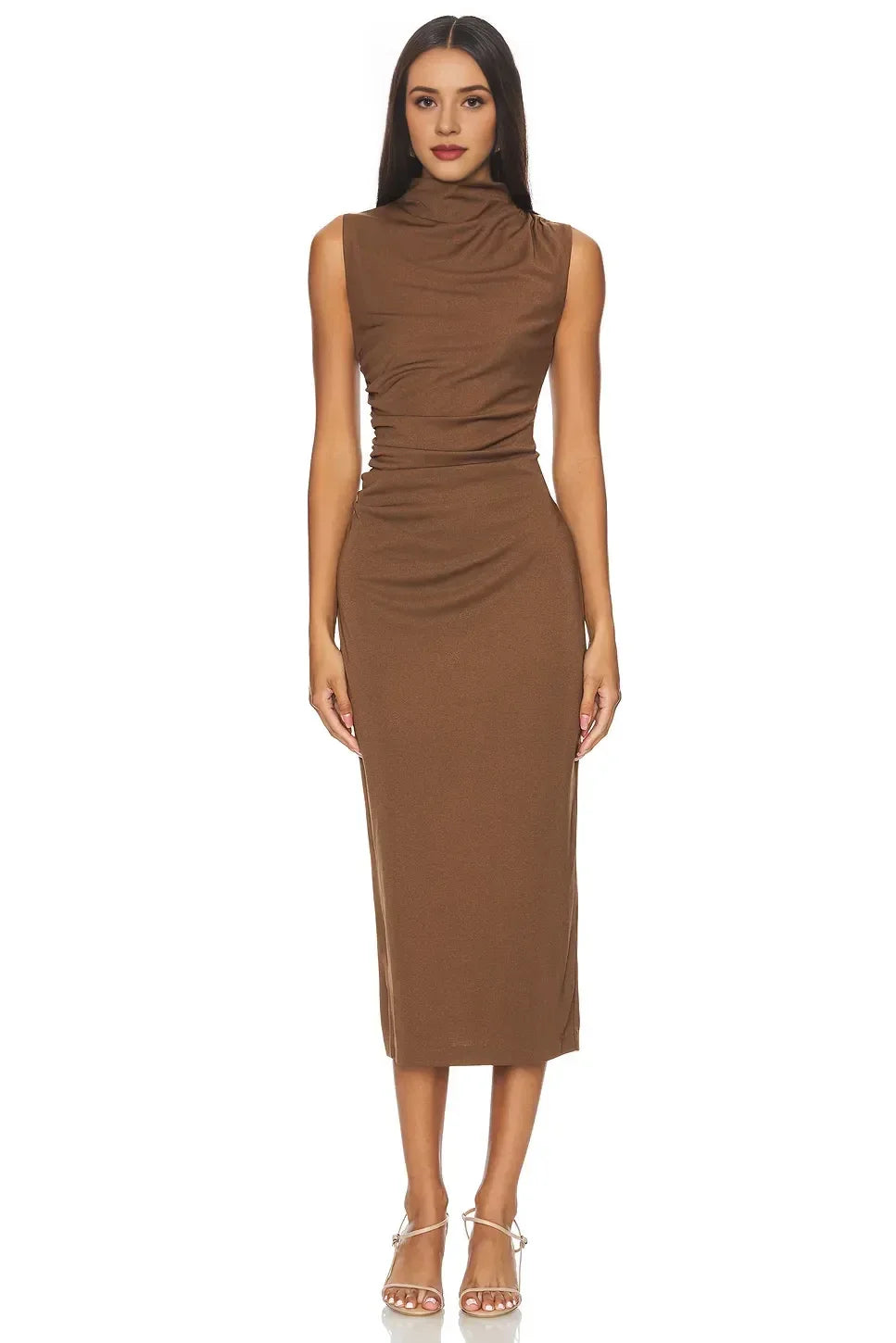 Stylish Sheath Mock Neck Sleeveless Zipper Back Midi Length Evening Dress