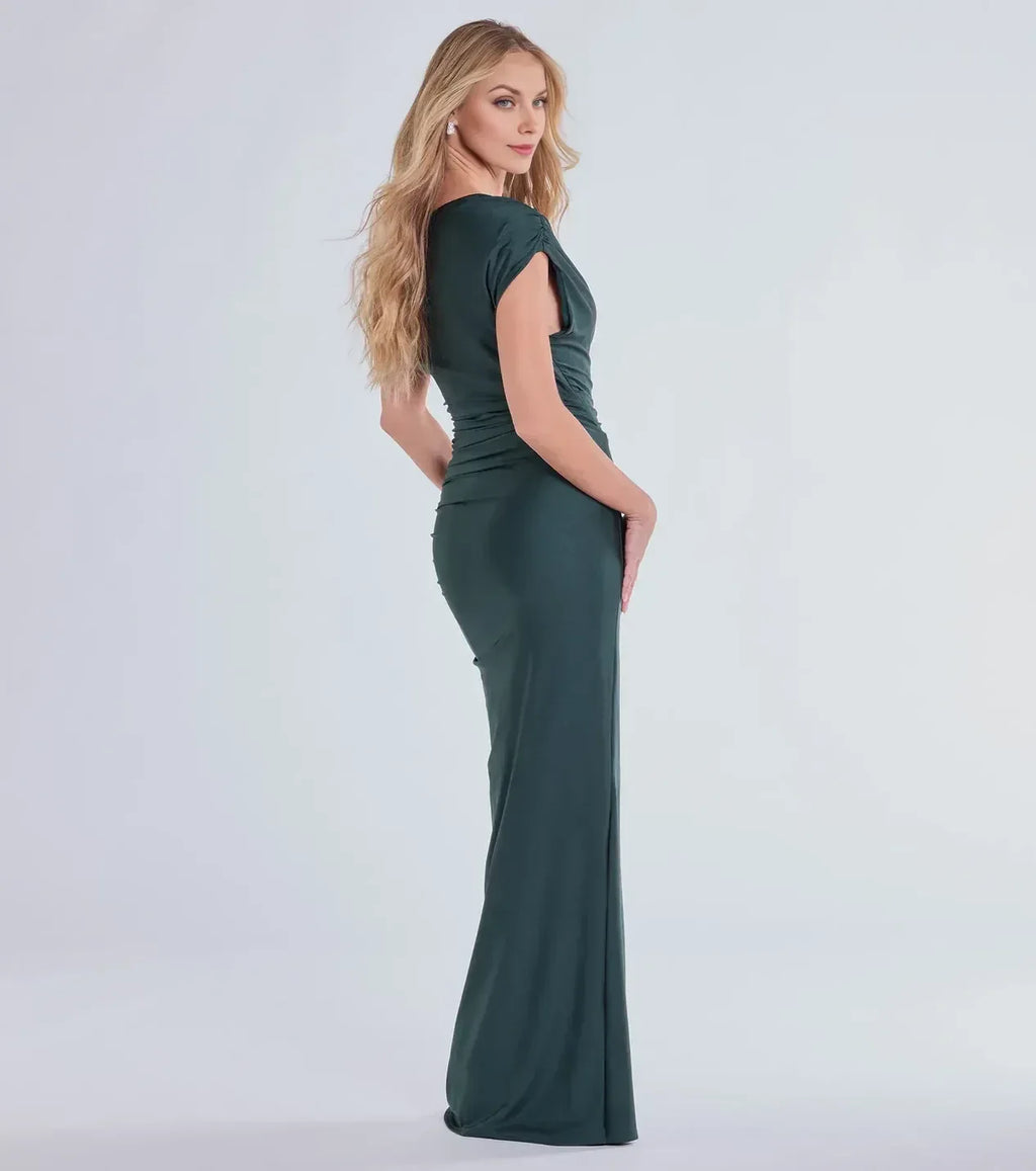 Stylish Sheath Off Shoulder Cap Sleeve Ruched Back Floor Length Prom Dress