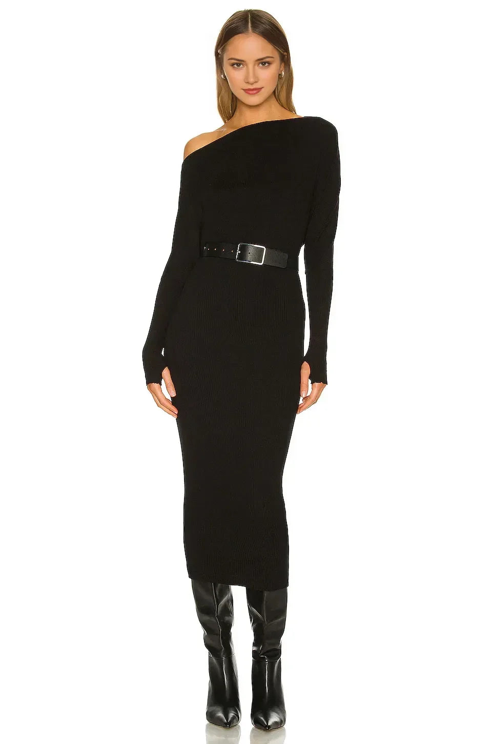 Stylish Sheath One Shoulder Long Sleeve Belted Midi Length Evening Dress