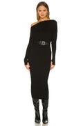 Stylish Sheath One Shoulder Long Sleeve Belted Midi Length Evening Dress