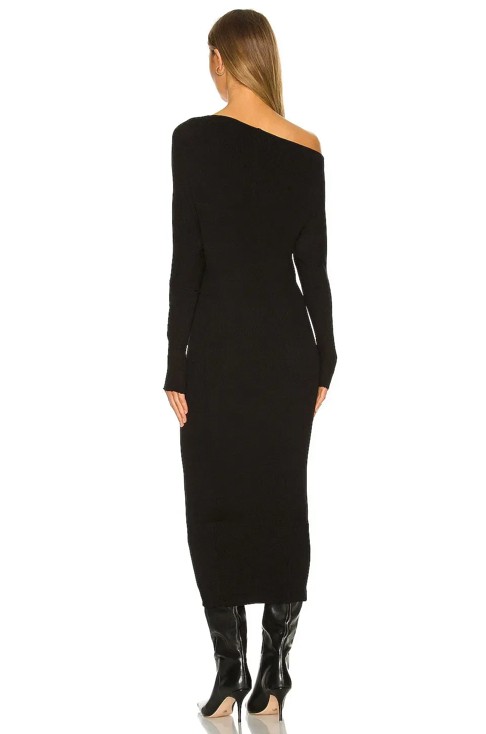 Stylish Sheath One Shoulder Long Sleeve Belted Midi Length Evening Dress
